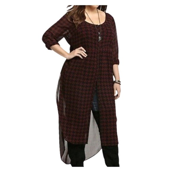 torrid Tops - Torrid Long Sleeve Scoop Neck Burgundy Houndstooth Chiffon Button Tunic Size 1X